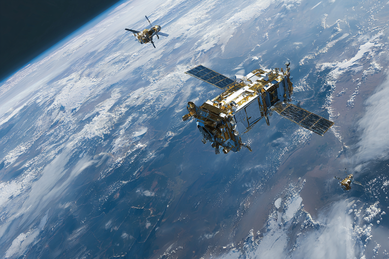 A satellite in low Earth orbit with the planet visible below.