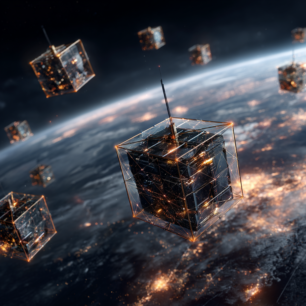 Multiple satellites communicating in a mesh network above Earth.